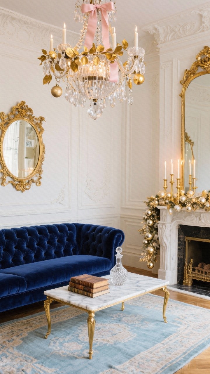 Medium shot, Gilded Parisian Holiday living room: crystal chandelier threaded with thin gold leaf garland, clear glass baubles, blush silk ribbons; tufted velvet sofa in midnight blue beneath, gilded mirror frames and delicate molding on ivory walls; marble coffee table with brass legs styled with vintage books and a crystal decanter; hand-knotted rug in powder blue; mantel with slender taper candles in gold holders; palette of midnight blue, antique gold, ivory, soft blush; rich velvet, silk, mohair textures; warm, soirée glow; photorealistic, no people, corner angle.