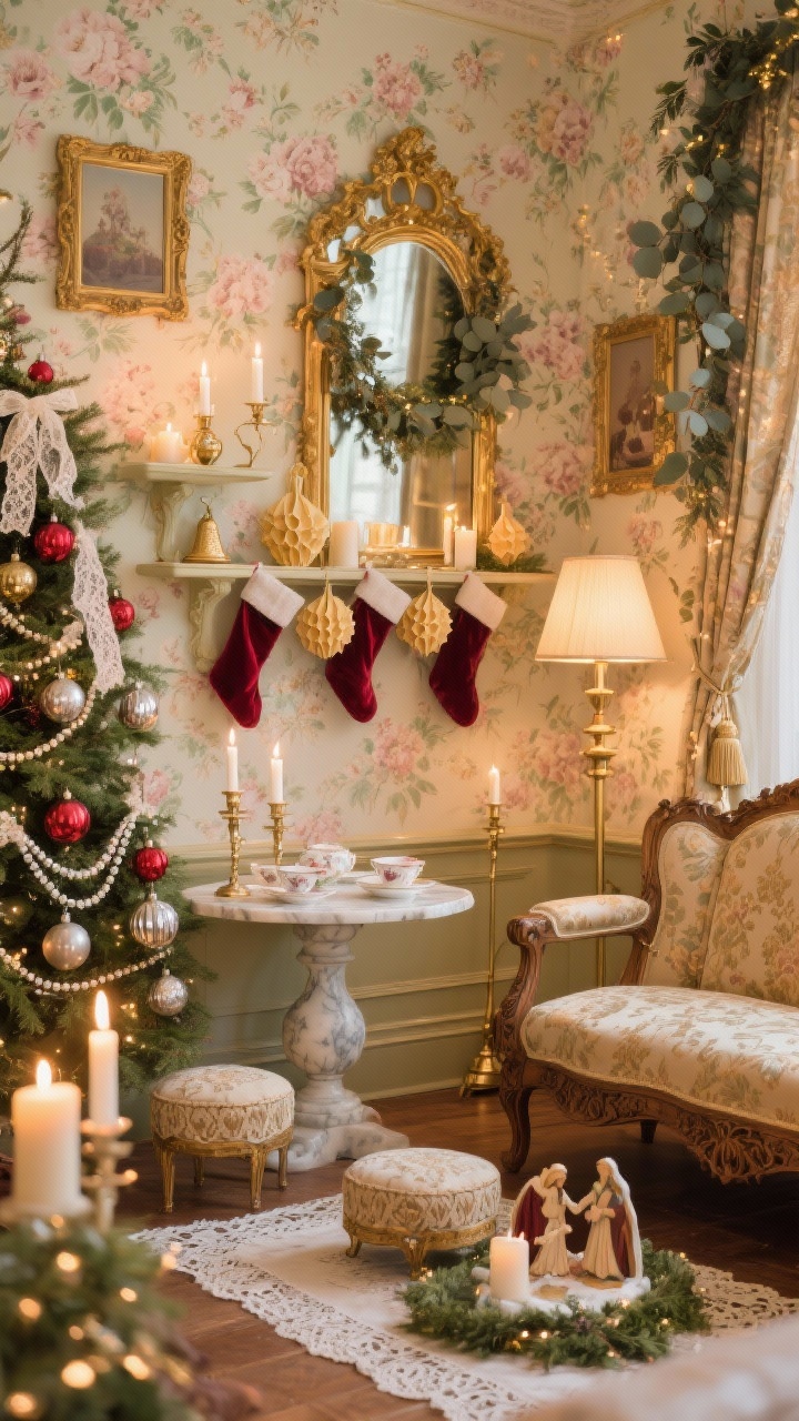 Medium shot, gilded Victorian sitting room with candlelit glow: a romantic space with floral wallpaper, antique gold frames, and a marble-topped side table set for tea. Palette of champagne, blush, sage, antique gold with subtle cranberry accents. Tree adorned with mercury glass ornaments, beaded garlands, lace ribbon. Paper honeycomb bells on shelves; velvet stockings hung along a gilded mirror draped with trailing eucalyptus garland. Lighting from brass floor lamps, candelabras with clean white tapers, and warm fairy lights woven into greenery. Include carved wood settee with damask upholstery and needlepoint footstools; porcelain nativity on a lace runner. Straight-on view, intimate candlelit ambiance, photorealistic.
