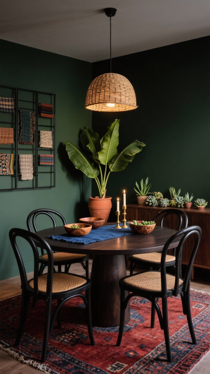 Medium shot, Jungle-Chic Dining Nook: intimate dining corner with a deep olive accent wall, dark-stained round table, four curved black wishbone chairs with natural cord seats. Overhead woven dome light creating warm, intimate glow. Oversized banana leaf plant in a terracotta pot near the table; cluster of mini succulents on a credenza. Indigo-dyed table runner, brass candlesticks, carved wooden salad bowls on the tabletop. A grid of small textile swatches framed in thin black metal on the wall. Flat-woven kilim on floor in earthy reds and smoky blues. Photorealistic, straight-on view, cozy evening ambience.