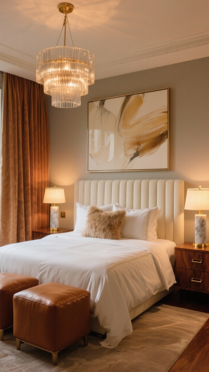 Medium shot, luxurious evening glow: Warm modern luxe in caramel and cream. A cream velvet channel-tufted headboard frames the scene; at the foot, a pair of rich caramel leather ottomans. To the side, a gleaming walnut dresser with minimal hardware. Lighting features a smoky glass chandelier overhead and marble-base bedside lamps casting warm, antique-gold light. The bed is dressed in cream sateen sheets with mohair pillows; heavy curtains in warm neutrals pool slightly on the floor. Oversized abstract art with soft brushstrokes hangs above. Photorealistic, hotel-elegant.