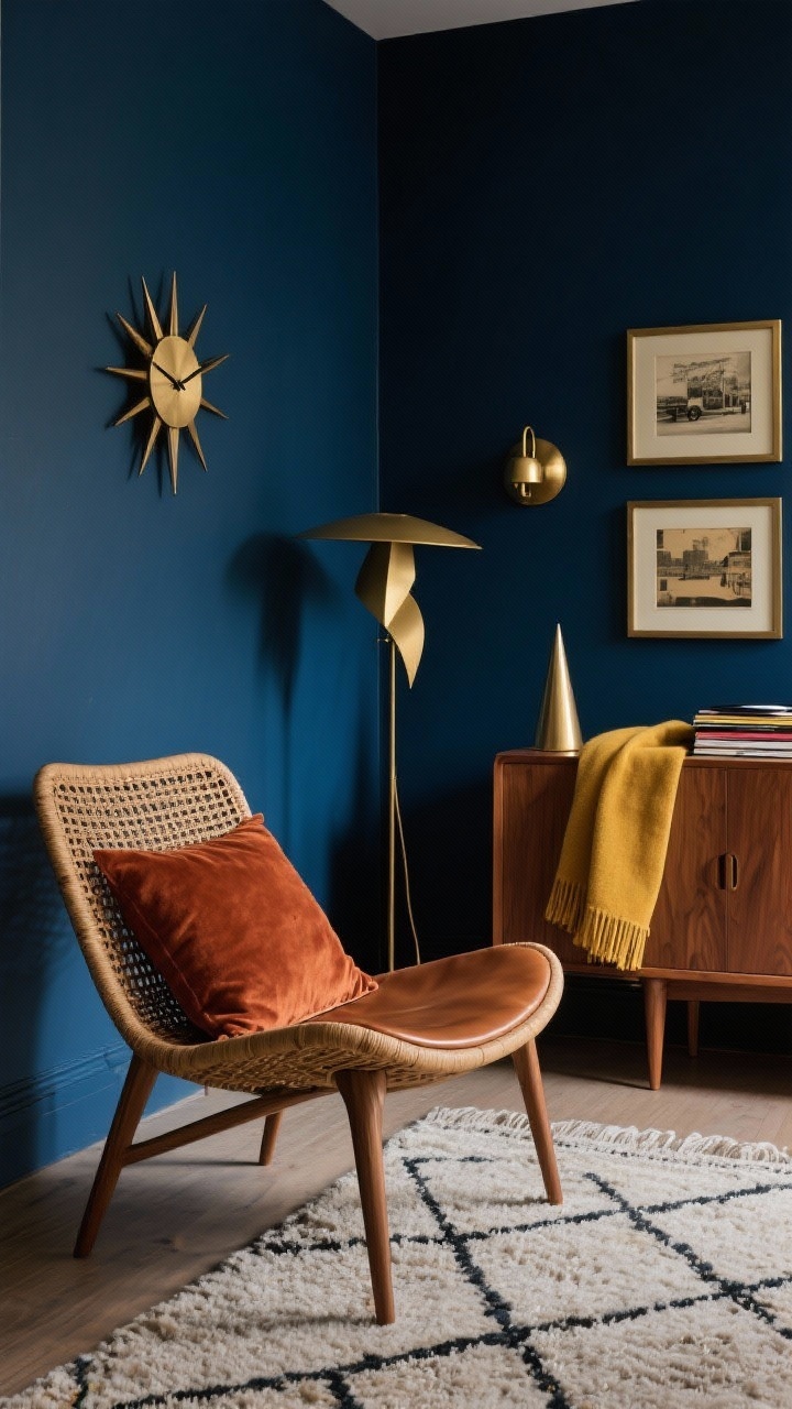 Medium shot, Mid-Century Lounge: Inky blue walls create a moody backdrop. A low-slung bent rattan accent chair with a tight weave and a leather cushion sits beside a walnut tapered-leg credenza. A geometric wool rug grounds the space. Include a starburst clock, a sculptural floor lamp, a trio of vintage-style prints in brass frames, and a cone-shaped brass sconce above a small stack of vinyl records. Add a mustard throw or a rust velvet pillow as a color pop. Warm, moody lighting with brass highlights, photorealistic, no people.