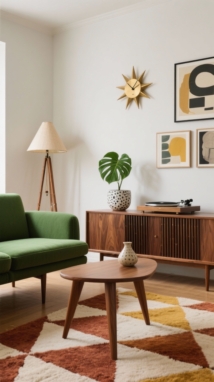 Medium shot, Mid-Century Retro with a Twist: A clean-lined green sofa on tapered walnut legs, paired with a slatted walnut media unit. A triangular Noguchi-style table sits on a low-pile geometric rug in rust and cream. A starburst brass clock on the wall above, with abstract prints nearby. Lighting includes a tripod floor lamp and a ceramic table lamp with a conical shade on the media unit. A terrazzo planter with a fiddle-leaf fig softens the scene; a record player rests on the console. Palette of bottle green, walnut, rust, mustard, cream. Tailored, timeless vibe, photorealistic, slight angle view.