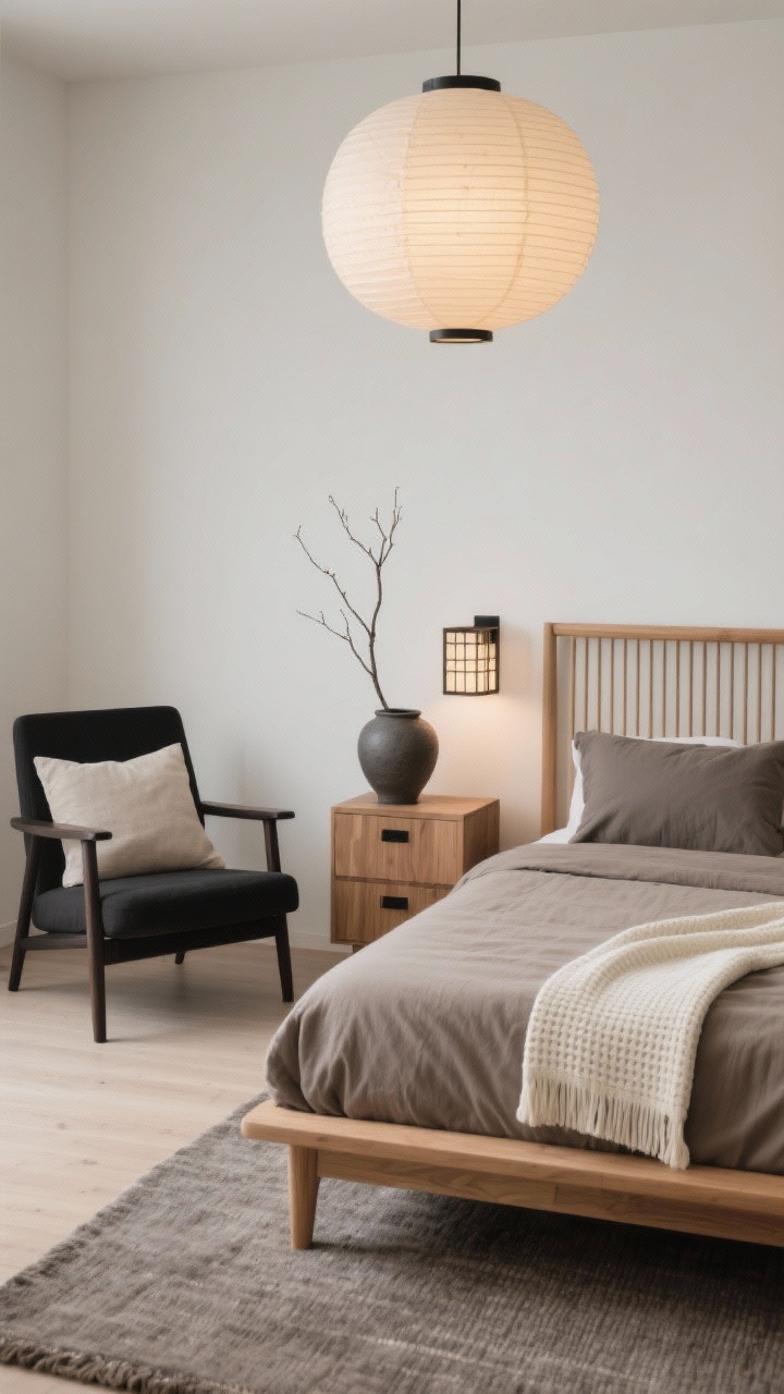 Medium shot, minimalist composition: Japandi serenity suite with a low oak bed and thin slat headboard. Bedding in taupe cotton percale, cream waffle blanket folded at the foot, and two graphite shams. Minimal cube nightstands with fluted wood fronts and a single black handle. Soft sculptural lighting: paper lantern pendant and a shoji-style sconce casting warm, diffused light. Black-stained accent chair with a linen cushion; on the dresser, a flat large-scale stoneware vase holding a single branch. Hand-loomed low-pile rug in warm gray. Palette of mushroom, smoke, warm beige, and black accents, clutter-free. Photorealistic, calm mood.