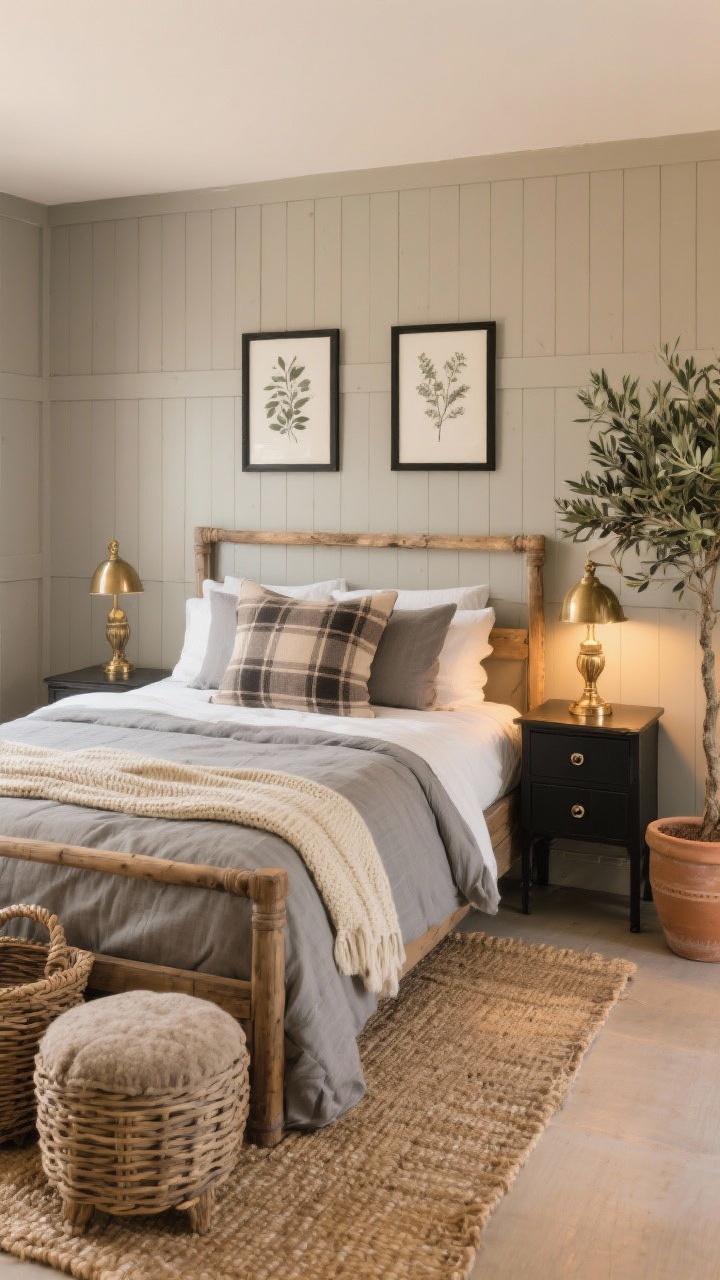 Medium shot, Modern Farmhouse Greige Retreat: a cozy bed against greige board-and-batten feature wall with the other walls in soft beige, weathered wood bed frame, linen-textured grey bedding with creamy knit throws, plaid lumbar pillow in taupe and charcoal, handwoven jute rug at the foot, mixed metals—matte black nightstand hardware and a warm antique brass table lamp glowing, wicker baskets and a nubby ottoman for chunky texture, botanical prints in black frames above the nightstands, an olive tree in a clay pot in the corner; warm golden light, rustic layered feel, photorealistic.