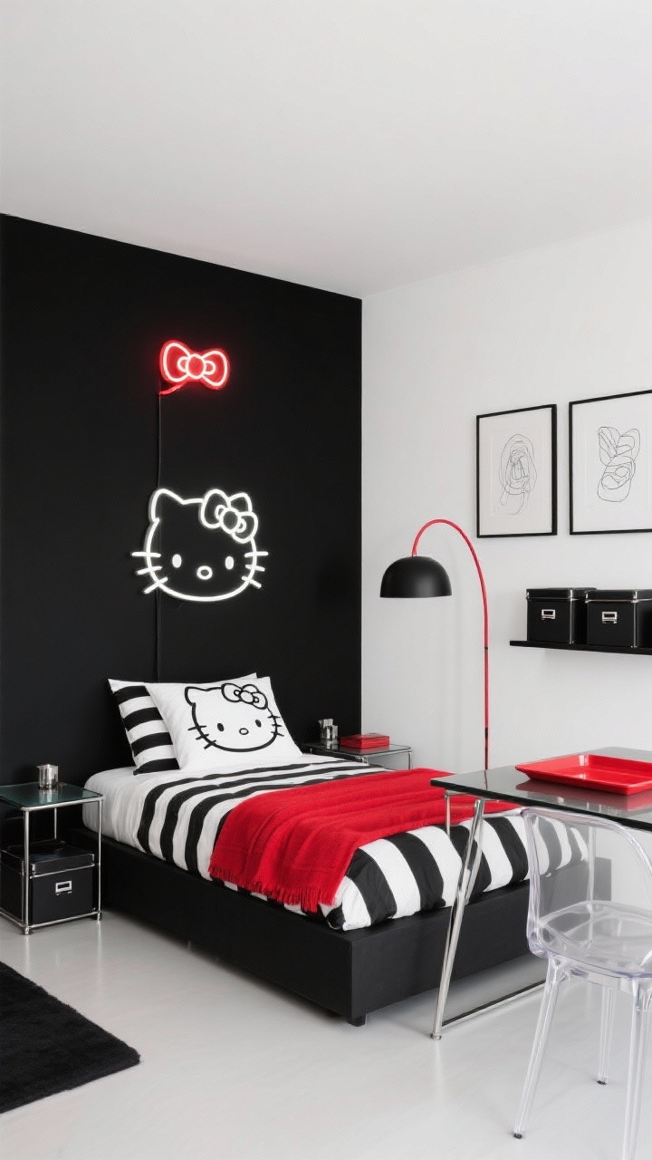 Medium shot, monochrome chic Hello Kitty vignette: warm white walls with a bold black accent wall behind a low-profile black platform bed, black-and-white striped duvet, minimalist Hello Kitty outline on the pillows, a vivid red throw folded at the foot of the bed; sleek metal nightstands, glass-top desk with a ghost chair visible to the side; matte-black arc floor lamp, modern pendant with a red cord; framed line-art prints on walls, single neon bow light over the desk glowing, glossy red tray on the nightstand; clutter hidden in black storage boxes on open shelving; clean, gallery-like mood; photorealistic, straight-on view emphasizing crisp lines and pops of red.