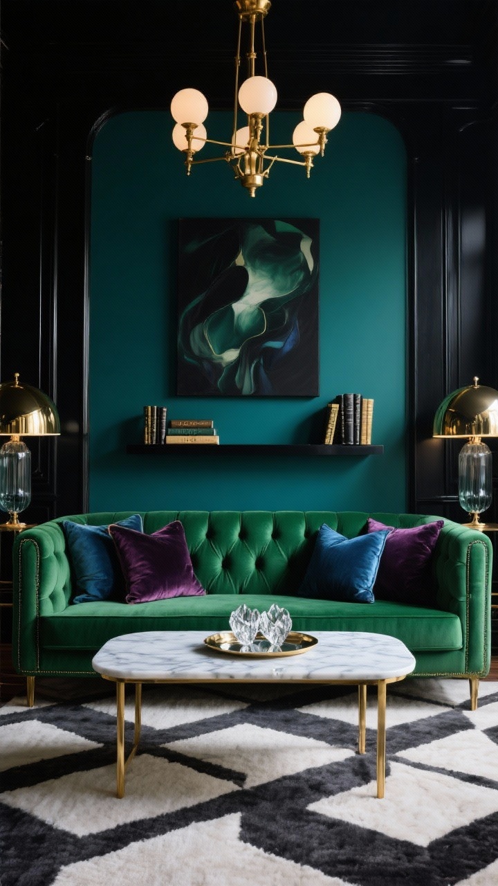 Medium shot, moody art deco scene: an emerald green tufted sofa set against deep teal walls with black lacquer accents. A marble-top coffee table with slim brass legs sits on a geometric wool rug in charcoal and ivory. Velvet pillows in plum and sapphire add depth. On the wall, a large moody abstract artwork; smoked glass table lamps with brass domes create a sultry glow. Overhead brass chandelier with globe bulbs on dimmers. Accents: mirrored tray with cut crystal, black-and-gold art deco bookends on a shelf. Palette: emerald, teal, brass, black, marble white. Photorealistic, dramatic.