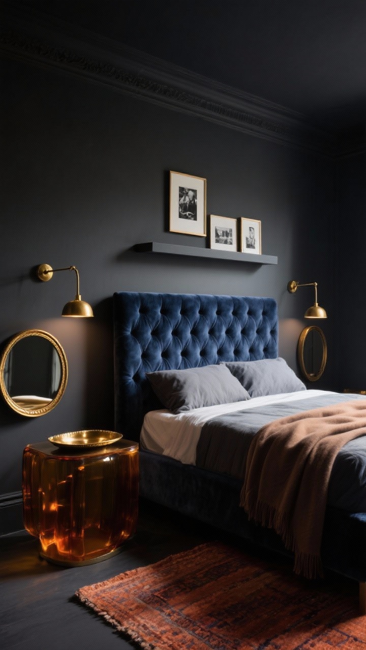 Medium shot, moody lighting: A charcoal-painted bedroom with velvety, smoky walls. A tufted velvet headboard in deep ink blue dominates the frame; on either side, warm brass swing-arm sconces glow against the dark backdrop. A trim-framed brass mirror and a brass-rimmed tray on the nightstand catch the light. A hand-knotted wool rug in muted rust tones peeks from below the bed. Amber smoked glass accents and a cashmere throw add warmth. A narrow picture ledge above holds black-and-white photography. After-dark, intimate, photorealistic.