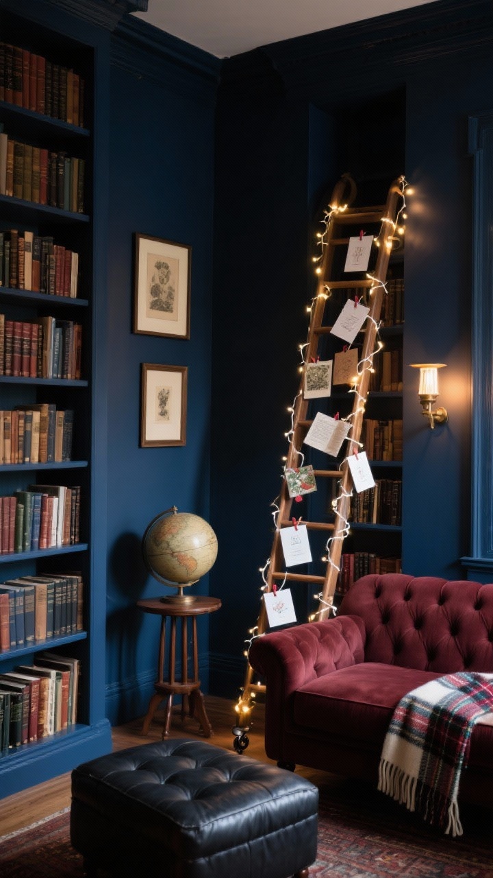 Medium shot, oblique angle: A moody bookish den with ink-blue walls and floor-to-ceiling bookshelves, featuring a rolling library ladder wrapped in a soft white fairy light strand along the side rails. Holiday cards clipped along the ladder rungs, glowing like illuminated pages. Additional cards tucked into book spines on adjacent shelves. Include a tufted sofa in oxblood or charcoal, a leather ottoman, a spindle side table with a vintage globe, framed bookplates on the shelves, and a wool tartan throw. Warm lighting from library sconces and the string lights, creating a contemplative, rich atmosphere. Photorealistic, no people.