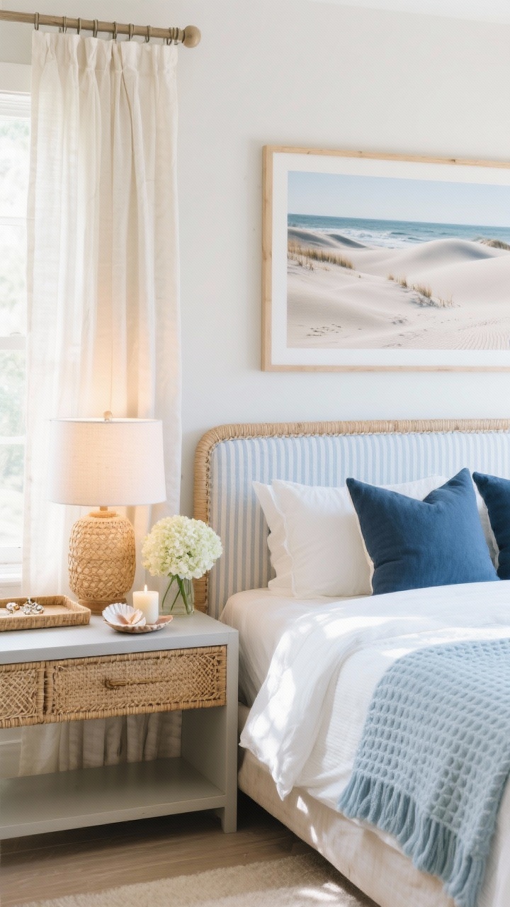Medium shot of a Coastal Quiet Luxury vignette, airy and sunlit. Palette of soft blues, driftwood beige, and crisp white. Bed with a pinstripe or seersucker duvet, light blue waffle throw, and two navy lumbar pillows. Faux linen adhesive headboard, rattan bedside lamp casting warm light. Slim console doubling as a vanity/desk with a woven tray styled with a candle, shell dish for jewelry, and a single pale hydrangea stem. Framed coastal photography (dunes and soft waves) above. Linen-look blackout curtains on a tension rod framing the window. Refined, breezy feel, natural daylight.