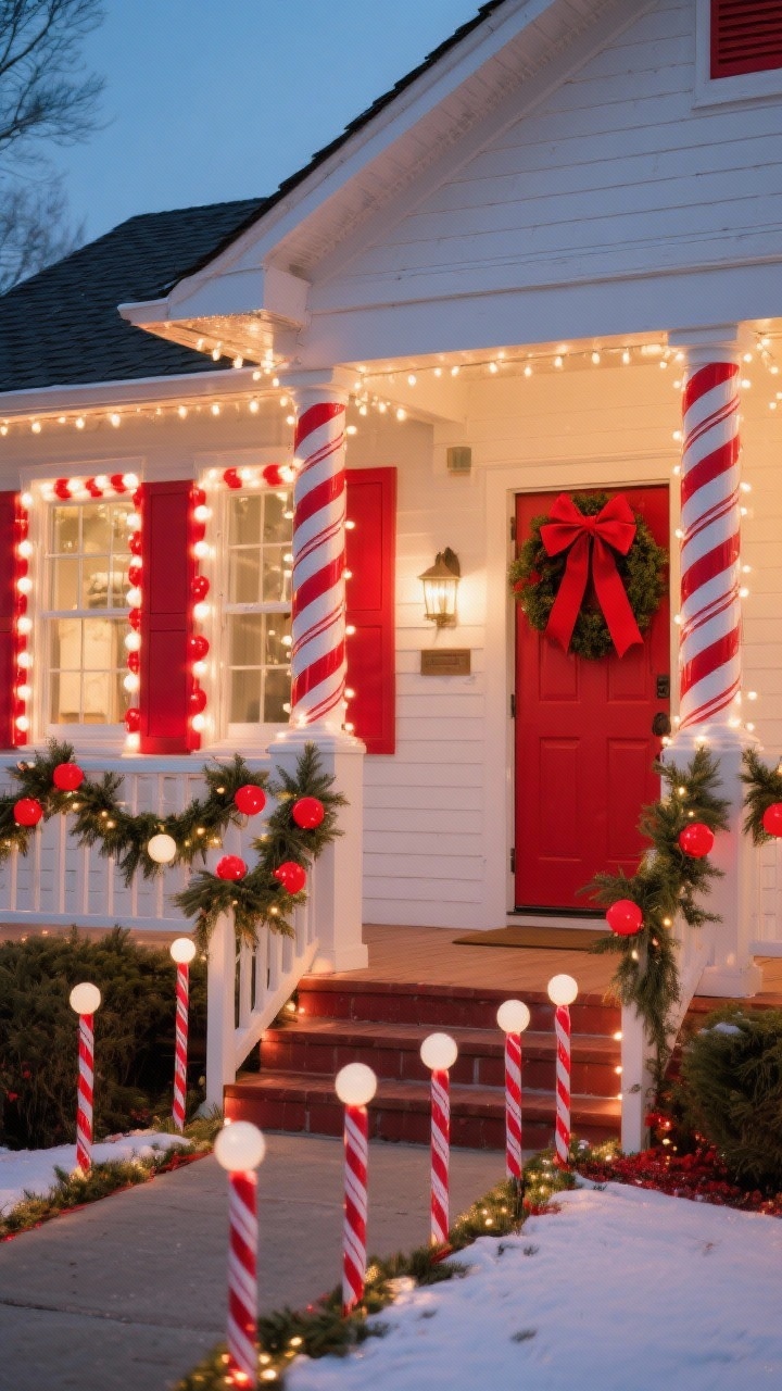 Medium shot of a front porch focused on bold red-and-white decor: porch columns spiraled with alternating red and warm-white string lights for a candy cane effect, windows outlined with alternating red and white bulbs in a graphic rhythm; cedar garland along the railing dotted with red and white globe lights; pathway candy cane stakes lining the walk; a big red-bow wreath on the door; roofline kept in warm white so red accents pop; color palette warm white, cherry red, evergreen; cheerful nostalgic vibe, photorealistic evening scene.
