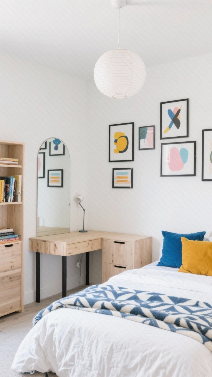 Medium shot of a Scandinavian-inspired dorm corner, fresh and light with white and light oak furniture: a simple desk, slim bookshelf, and low-profile bed skirt. Crisp white duvet with a graphic geo print throw folded at the end of the bed. Pops of cobalt blue, marigold, and blush in pillows and art. Gallery wall of bold abstract prints in thin black frames with generous negative space. An arch floor mirror leaning to expand the room. Paper lantern plug-in pendant casting soft diffused light. Clean lines, playful primary accents, photographed from a slight corner angle.