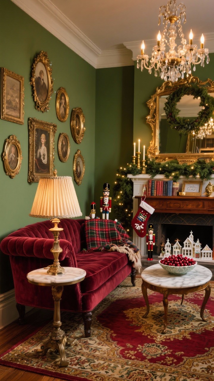 Medium shot of a Vintage Storybook Sparkle seating area: mossy sage walls, burgundy velvet loveseat, cluster of antique brass frames salon-style. Marble-topped side table beside the loveseat, Persian-style rug in cranberry and gold underfoot. Warm lighting from pleated fabric lampshade and a vintage chandelier glinting above. In the background, a mahogany console holds carol books and a bowl of sugared cranberries. Mantel with layered gilded mirrors, boxwood garlands, and brass taper candles; hints of plaid wool throws, needlepoint stockings, vintage toy soldiers, and a porcelain village. Whimsical, nostalgic, old-Hollywood holiday twinkle; photorealistic evening glow.