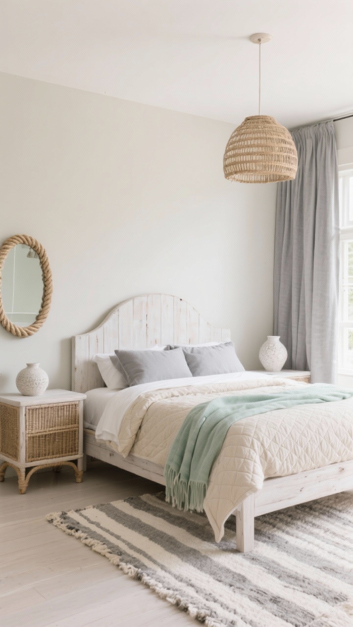 Medium shot, Organic Coastal Greige Escape: light beige walls with a soft grey undertone, a whitewashed wood bed with a rounded headboard, stone-grey linen curtains that puddle slightly, bedding layered with an oyster-colored quilt, sandy beige duvet, and silky grey pillowcases; cane-front nightstands, a rope-wrapped mirror above one nightstand, a woven pendant overhead, textured ceramics in chalky whites, flatweave rug in driftwood grey and ivory stripes; a whisper of sea-glass green in a throw or vase; bright coastal daylight, airy and serene, photorealistic.