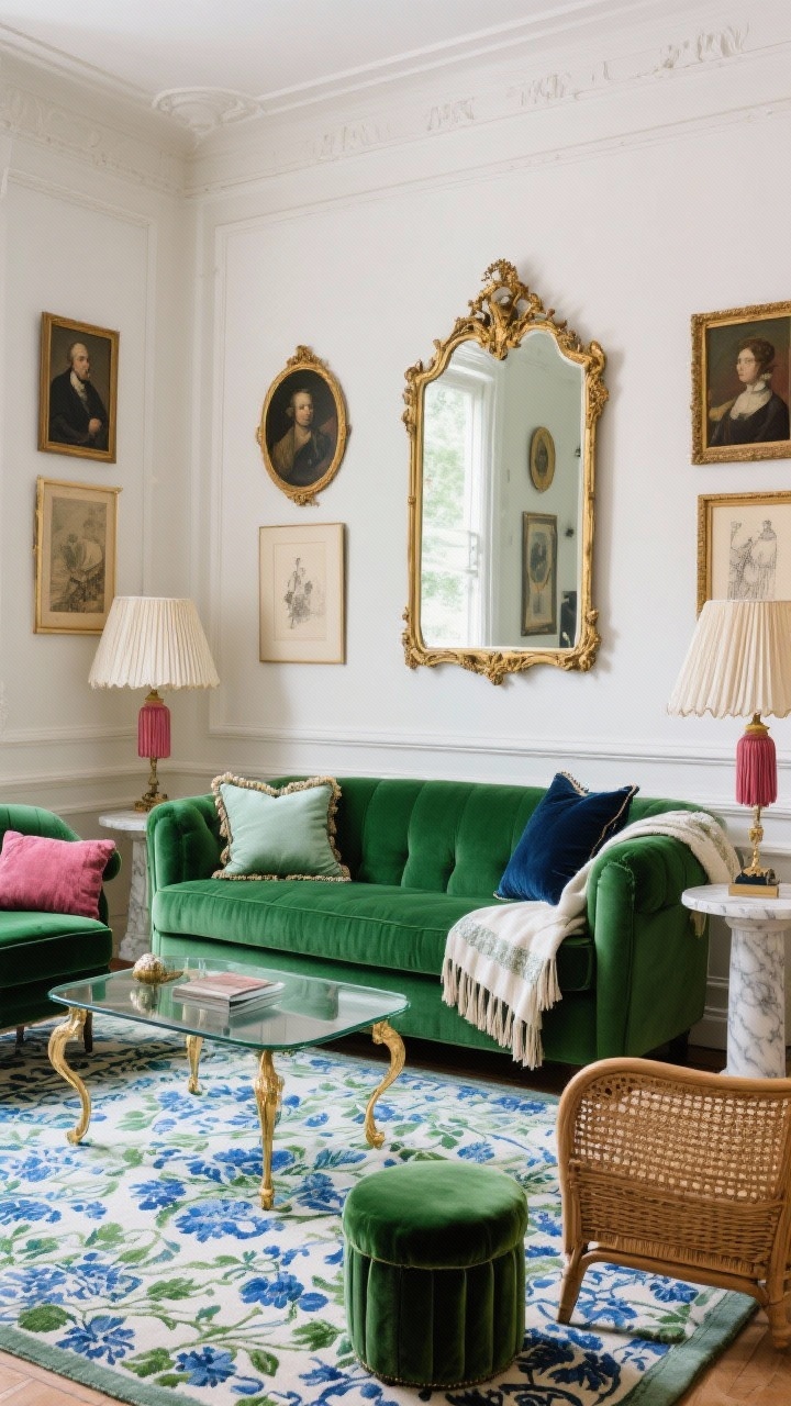 Medium shot, Parisian eclectic salon: green sofa in a room with soft ivory walls and moulding/picture-frame trim; an oversized antique-style gilded mirror reflects light; patterned rug (blue and green floral or classic Oriental) under a delicate glass coffee table with brass legs; mixed seating—cane accent chair, petite velvet ottoman, marble pedestal side table; palette of emerald/forest green with navy, cream, and small raspberry accents; salon-style gallery wall of vintage oil portraits and etchings; pleated lampshades, tassel-trim pillows, fringed throw; storied, elegant, photorealistic.