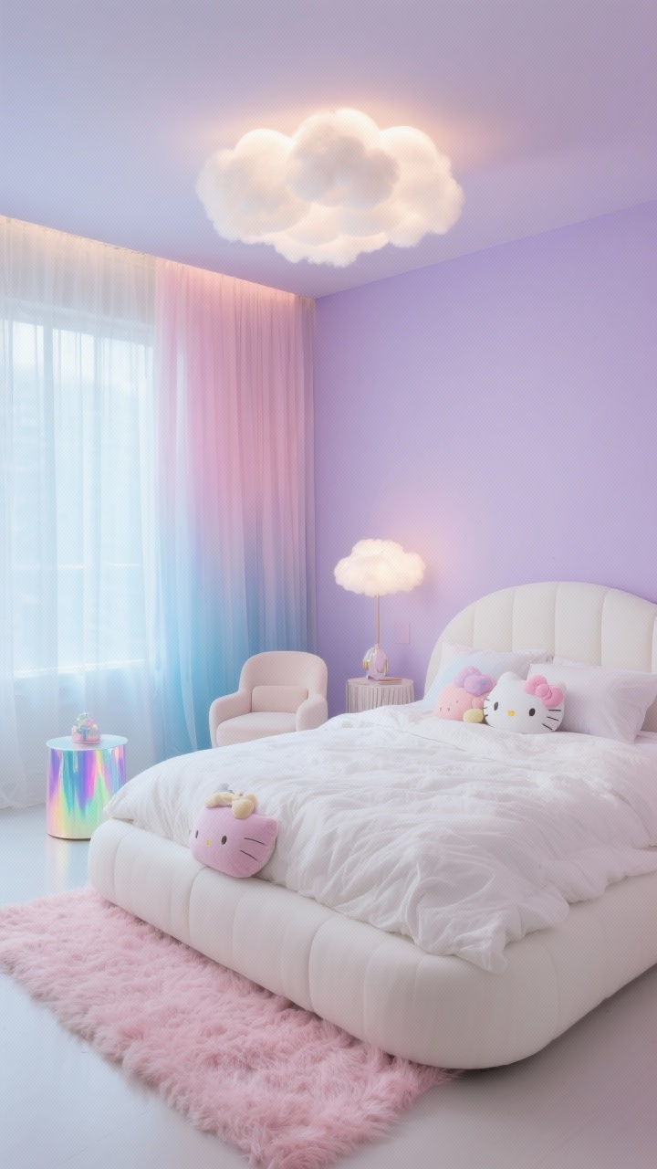 Medium shot, Pastel Cloudcore Dream sleeping area: whispery lilac walls and a white upholstered platform bed with rounded edges; a fluffy, cloudlike white duvet spilling softly; sheer ombré curtains drifting from baby pink to sky blue filtering gentle daylight; iridescent side table catching subtle rainbow hues; pastel Hello Kitty cushions scattered across the bed and a nearby small reading chair; a pale-pink shag runner at the bedside; a cloud LED ceiling light softly glowing; textures sheer, plush, iridescent; palette lilac, blush, sky blue, white; serene, airy mood.