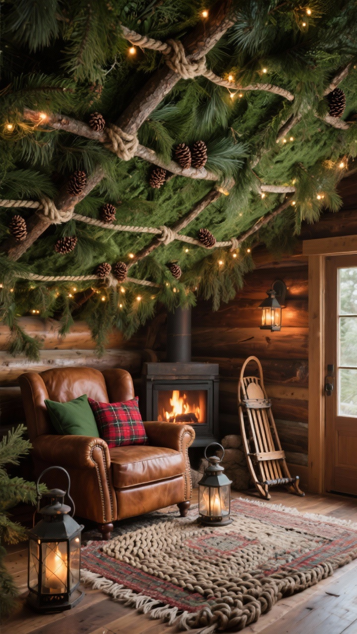 Medium shot, photorealistic: A cozy cabin den with a greenery canopy ceiling—fresh cedar and pine branches crisscrossed in a grid, secured with sturdy twine, dotted with small pinecone clusters and warm fairy lights tucked into the boughs for an enchanted glow. Leather armchairs in rich tobacco brown, hunter green and cranberry red tartan pillows, braided wool rug, iron lanterns, and a vintage toboggan leaning by the door. Rustic lodge atmosphere, warm firelight, inviting and intimate, slightly low angle to emphasize the canopy.
