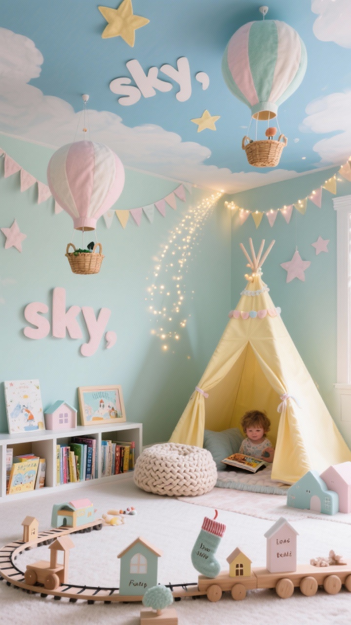 Medium shot, photorealistic: A playful playroom ceiling transformed into a storybook sky—floating paper hot-air balloon mobiles with tiny basket gondolas, pastel felt star garlands, and a twinkly trail of battery micro fairy lights swirling like a comet. Pastel palette of mint, blush, sky blue, and butter yellow; a tented reading nook beneath the “sky,” low bookcases displaying holiday tales, and a braided floor cushion. Extras include a wooden train looping around a tiny village and soft knit stockings labeled by name. Gentle, cozy lighting, whimsical mood, straight-on child-height perspective.