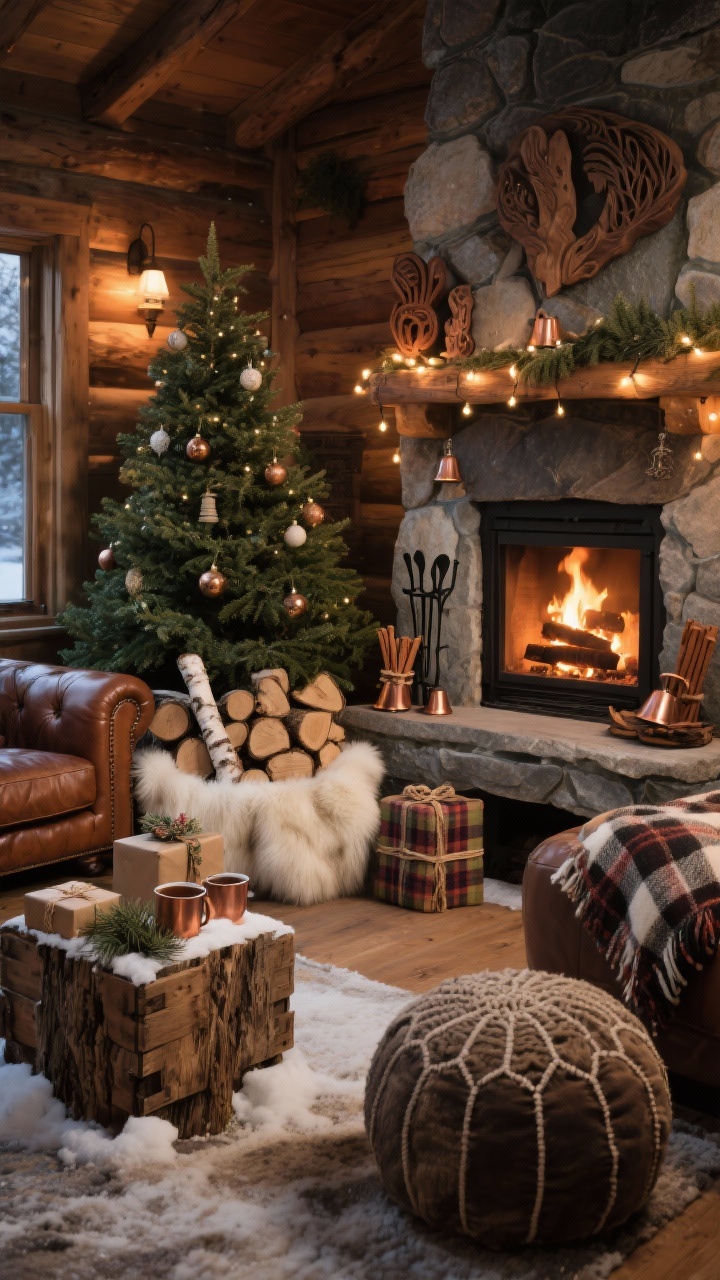 Medium shot — Rustic Chalet: A cozy living room corner with a stone fireplace and iron fire tools. The Christmas tree rests in a stained wood crate filled with chopped birch logs, softened by a lush faux fur skirt spilling out like snow to hide the stand. A chestnut leather sofa sits nearby with a buffalo-check throw; a heavy knit pouf by the hearth. Ornaments include carved wood, cinnamon bundles, and copper bells; warm dimmable string lights create fireside ambiance. A tree-stump side table holds a copper mug of cocoa; gifts wrapped in kraft, plaid, and twine with cedar sprigs. Warm, low evening firelight, corner angle, photorealistic.