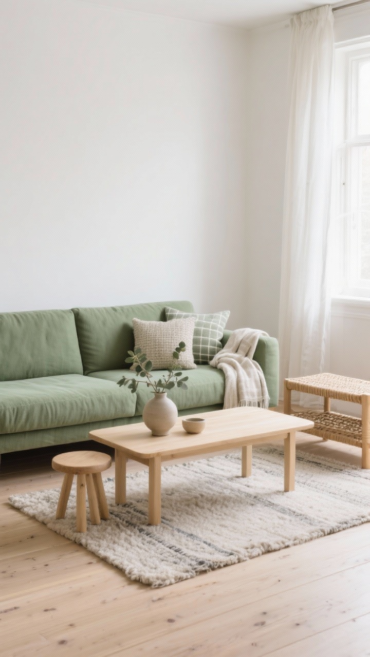 Medium shot, Scandinavian Calm with Sage: a sage green linen sofa on pale oak floors, walls painted warm white. Simple blonde wood coffee table, small nesting stools, and a woven bench nearby. Bouclé pillows on the sofa, a wool flatweave rug beneath, gauzy window curtains diffusing soft daylight. Ceramic vases with eucalyptus stems, linen throws draped casually. Subtle micro-checks or fine stripes on a cushion or throw. Airy, minimal yet cozy atmosphere, straight-on view with lots of negative space, photoreal.
