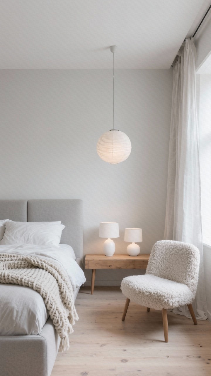 Medium shot, Scandinavian greige serenity: soft greige walls, light oak floors, pale grey upholstered headboard with linen bedding, chunky knit throw draped at the foot, bouclé accent chair beside a slim oak bench, sheer linen curtains in a soft mist tone filtering daylight; simple paper lantern pendant overhead and two small white ceramic lamps glowing warmly; calm, airy palette of greige, pale grey, light oak, warm white; photorealistic.