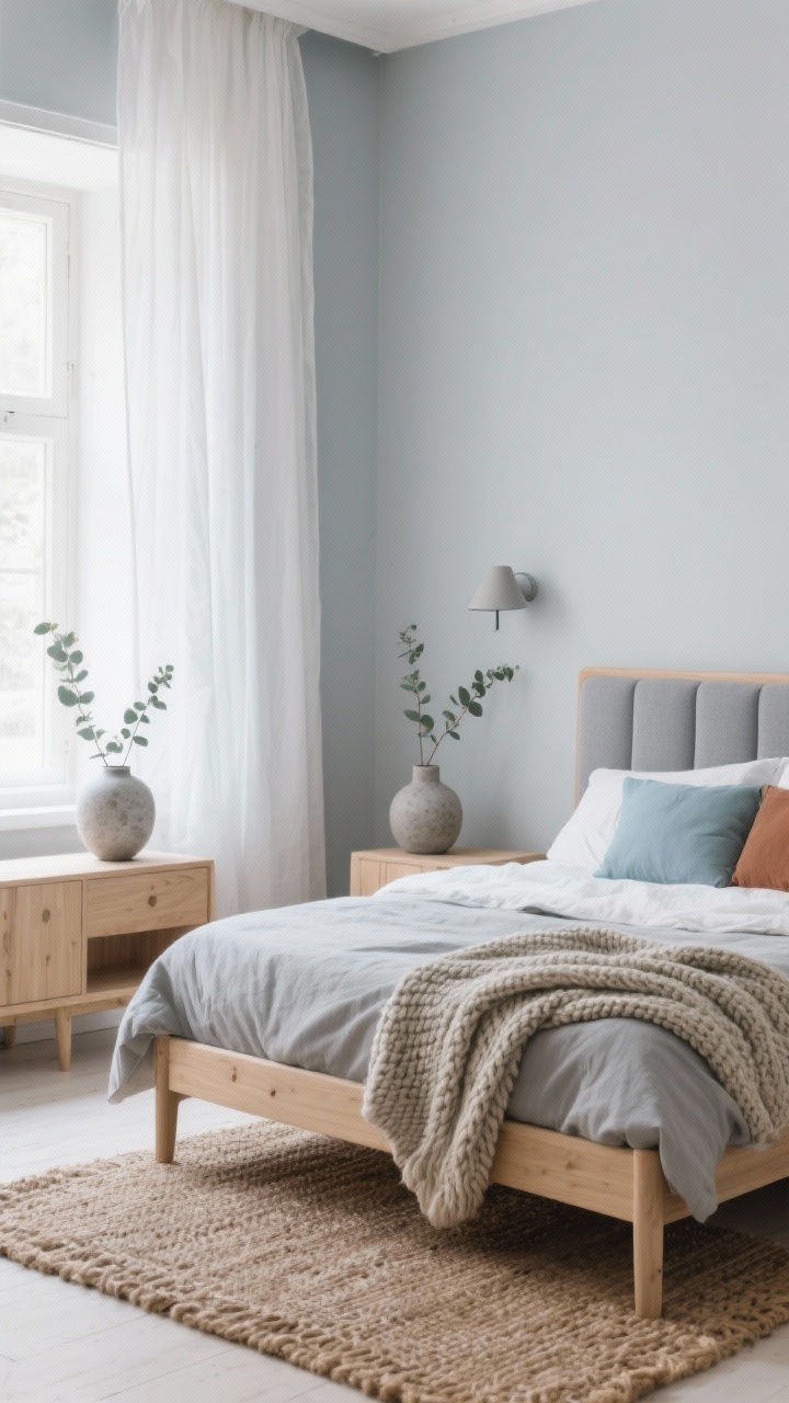 Medium shot, soft Scandi serenity: light mist grey walls, blonde wood furniture with rounded edges, oak bed frame with simple padded headboard in dove grey. Layered natural textures—linen duvet cover, chunky knit throw, woven jute rug; white sheer curtains diffusing morning light. Minimal decor: matte stone lamps, ceramic vases with a few eucalyptus stems; subtle palette pops in one or two cushions in pale blue and clay. Photorealistic, soft daylight.