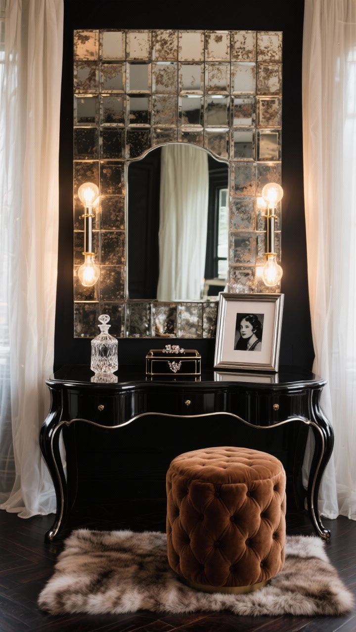 Medium shot, straight-on: Old-Hollywood vanity scene with a curvy antique-style vanity table in glossy black (or deep walnut), paired with a tufted bouclé stool. Backdrop is a large panel of antiqued mirror tiles that reflect and multiply the light. On the vanity: a crystal perfume decanter, a lacquer jewelry box, and a black-and-white photo in a slim chrome frame. Flanking a smaller center mirror are bulb-lined vanity bars, glowing warmly. Textiles: sheer ivory curtains and a faux-fur runner beneath the vanity. Palette of inky black, warm walnut, chrome, and ivory. Dramatic, glamorous mood.