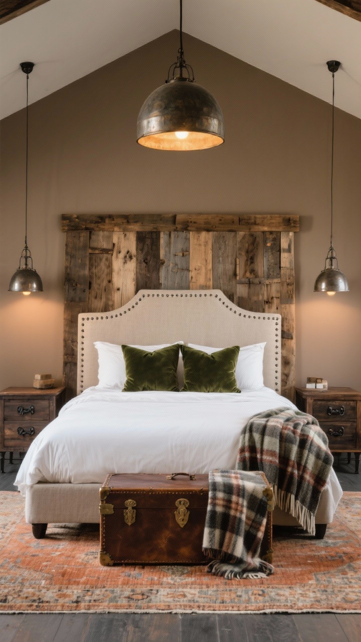 Medium shot, straight-on to the headboard wall: Rustic barn meets luxe hotel bedroom with warm taupe walls and a planked reclaimed-wood accent wall behind the bed. A linen-upholstered headboard with nailhead trim, layered with crisp hotel-edge white sheets and deep moss velvet pillows. Sturdy dark-stained wood nightstands with iron hardware. Oversized metal dome pendants hung low as night lights casting warm pools of light. Hand-knotted vintage-style rug in faded terracotta and slate beneath. A leather trunk at the foot and a plaid wool throw draped to tie colors together. Balanced rough wood and refined finishes. Photorealistic, no people.