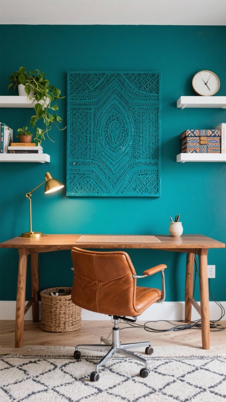 Medium shot, straight-on view of a vibrant home office: deep teal accent wall with a large teal adire wall panel centered above a natural wood desk; cognac leather task chair; brass articulating lamp casting targeted warm light onto the desktop; floating white shelves styled with books, small plants (including a leafy pothos), and a couple of adire-wrapped storage boxes; minimalist clock and ceramic pen cup on the desk; slim adire desk mat for texture; low-profile rug with a subtle geometric pattern on the floor; cable management basket tucked under the desk; color palette of teal, natural wood, white, brass, and cognac; photorealistic, focused yet energizing.