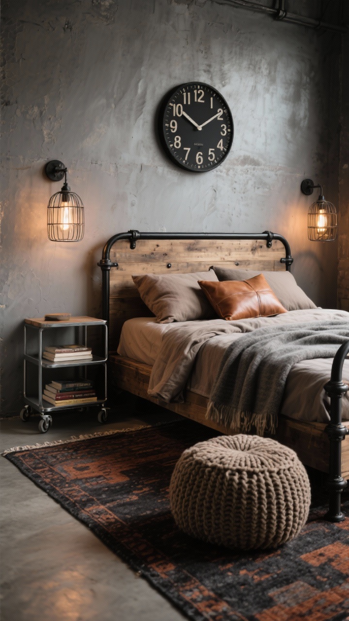 Medium shot, warm industrial vignette: smoky grey walls behind a reclaimed wood bed with black metal hardware, textiles layered with taupe flannel sheets, heather grey wool blanket, and cognac leather pillows; vintage-style rug in charcoal and rust anchoring the scene; caged metal sconces on the wall, rolling steel bedside cart holding books, chunky knit pouf at the foot; matte black wall clock with industrial numerals; warm, textured lighting; photorealistic.