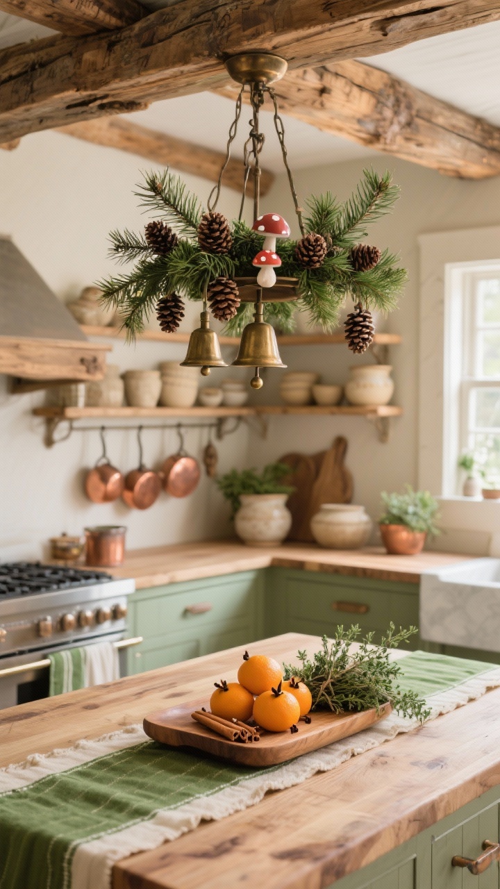 Medium shot, Woodland Storybook Kitchen island and chandelier: rustic wooden-beam chandelier dressed with juniper sprigs, tiny pinecones, bronze bells, and a few miniature mushroom ornaments tucked among greenery; open shelving with warm neutral stoneware and hanging copper pots; on the butcher-block island, a wooden tray with oranges studded with cloves, cinnamon sticks, and a small bundle of thyme; runner with forest-green stripes; palette moss green, copper, cream, warm wood; cozy, fragrant, homespun feel; photorealistic, no people, corner angle with soft kitchen daylight.