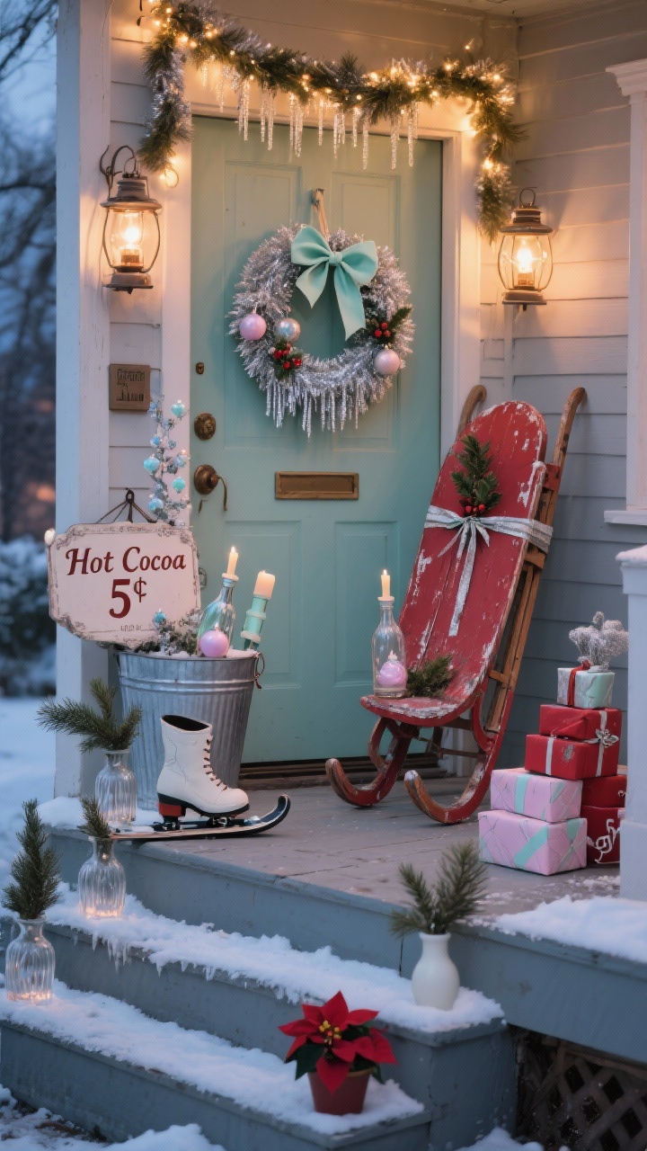 Medium, slightly angled photorealistic porch scene for Vintage Nostalgia Lane: a faded red vintage sled propped by the door, tied with ribbon and a sprig of holly; a retro aluminum tree in a galvanized bucket decorated with pastel glass ornaments and tinsel icicles. A bottle-brush wreath with a mint satin bow hangs on the door. Steps are lined with milk glass vases holding cedar sprigs. A “Hot Cocoa 5¢” sign leans against the wall. Vintage-style candle clip lights twinkle on the garland, with warm glimmer from old-school lanterns. Include a whimsical ski boot planter with tiny poinsettias and a small stack of wrapped “gifts” in pastel paper. Colors: mint, blush, cherry red, silver. Cozy, storybook mood at twilight.
