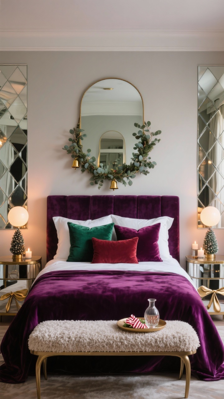 Medium straight-on bedroom photorealistic scene focused on jewel tones and mirrored glow: a bed dressed in plum velvet with crisp white sheets, layered emerald and garnet pillows. Above the headboard, a modern arched mirror draped with a skinny eucalyptus garland and tiny gold bells. On each side, mirrored nightstands reflect the ambient light from petite ceramic trees and soft-glow orb lamps, creating multiplied sparkle. At the foot, a bouclé bench holds a small tray with peppermint bark and a carafe—subtle “holiday hotel” vibe. Textures emphasized: velvet, bouclé, brushed brass, and satin ribbon ties; warm, cozy evening lighting with candlelike warmth bouncing in every reflective surface.