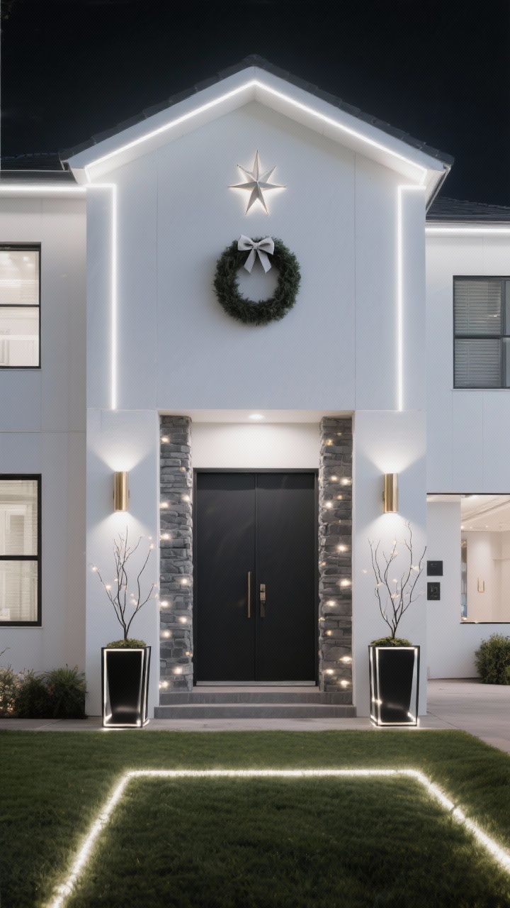 Medium, straight-on contemporary facade at night with crisp geometry: roofline and window perimeters outlined in neutral-white LED tape or C7 bulbs for sharp, uniform lines; lawn featuring minimalist outline boxes—simple metal frames wrapped in neutral-white lights echoing the home’s proportions; facade accented by linear wall washers casting a soft cool tone to silhouette columns or stonework; minimal decor including a matte wreath without a bow, two tall black planters with upright branches wrapped in micro LEDs, and a single refined star motif centered above the door; palette neutral white, charcoal, metallic accents (brushed brass or chrome); mood contemporary, gallery-clean, architect-approved; photorealistic, no people.
