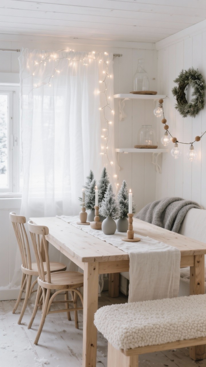 Medium, straight-on dining nook: Scandinavian snow cottage palette of white, oat, and pale pine. A bleached wood dining table with wishbone chairs and a creamy boucle bench. A curtain of warm-white micro fairy lights draped behind sheer linen like glowing frost, with fine-wire strands across shelves and a simple wreath. Table styled with linen runners, matte ceramic candlesticks, and a cluster of bottle-brush trees. Minimal Nordic spruce with clear bulbs and wooden bead garland in the background. Quiet, diffused, snowy glow; soft gray wool throw folded nearby.