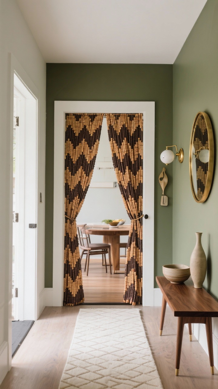 Medium, straight-on entryway view: a chevron-patterned bamboo bead curtain in espresso and caramel acting as a graphic doorway to the dining room; matte olive wall with a round brass mirror; walnut bench with tapered mid-century legs over a cream and geometric runner; skinny leg console nearby with minimalist styling—one ceramic bowl and one tall vase; globe sconce and sculptural coat hooks; palette of olive, walnut, brass, and cream; crisp natural light emphasizing clean lines and the bead pattern; photorealistic, no people.