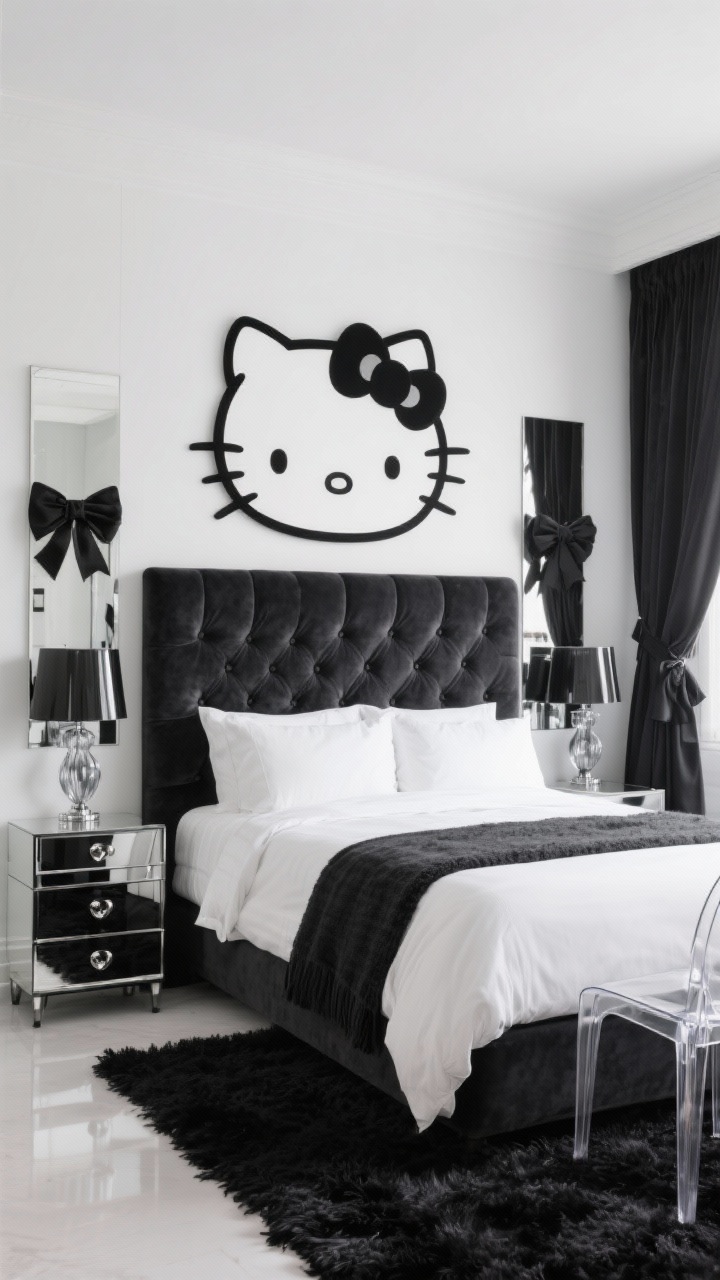 Medium straight-on glamour shot: Monochrome Glam Hello Kitty bedroom with matte white walls and one charcoal accent wall. A channel-tufted black velvet headboard against charcoal, crisp white hotel sheets, and a charcoal throw. Centered above the bed, a large black-and-white canvas of Hello Kitty’s face, graphic and bold. Mirrored nightstands with chrome pull handles flank the bed; a smoked-glass table lamp sits on one. A plush black shag rug grounds the space; a clear acrylic vanity chair nearby. Curtains feature a subtle black-on-black structured bow motif. Palette: black, white, charcoal, chrome. Photorealistic, cool directional lighting with mirror shine highlights.