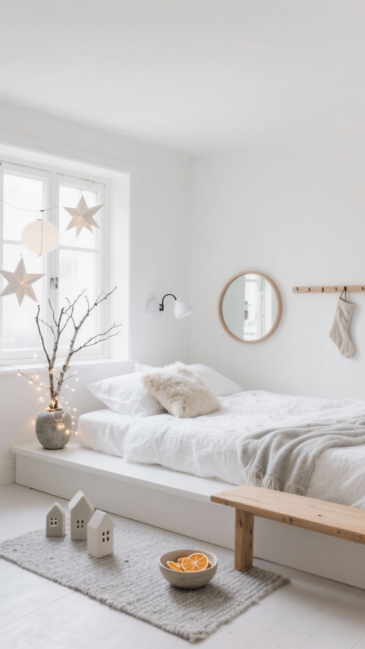 Medium, straight-on minimalist Scandinavian bedroom scene bathed in soft natural daylight, white-on-white palette with pale gray and bleached wood accents; low white platform bed dressed in crisp percale sheets, a white gauze duvet, single shearling pillow, and a pale gray wool throw; slim birch branch in a stone vase wrapped in tiny fairy lights as the tree alternative; paper star lanterns in the window, matte white wall sconce for reading; Scandi silhouettes including a low ash wood bench at the foot, round oak mirror, and a soft gray flat-weave rug; subtle decor of ceramic houses, a bowl of dried orange slices, and a single linen stocking on a peg rail; serene, airy mood.