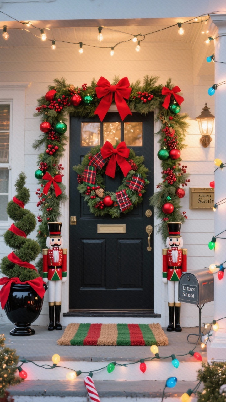 Medium, straight-on photorealistic porch vignette for Classic Red-and-Green Heritage: a thick mixed-pine garland around the door, studded with bright red bows, berry picks, and shiny red and emerald ornaments; an oversized wreath with tartan ribbon centered on the door. Glossy black urns hold topiary trees spiraled with red satin ribbon. A candy cane striped doormat layered over a plain coir mat anchors the threshold. Multicolor C9 bulb string lights glow festively. A pair of nutcracker soldiers stand guard and a small metal “Letters to Santa” mailbox sits nearby. Colors: cherry red, true green, black accents, bright white. Early evening with the lights on, crisp and nostalgic.