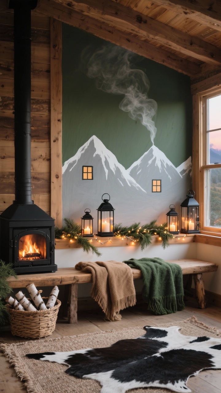Medium, straight-on photorealistic vignette “Alpine Hearth & Lantern Glow”: window painted with a cozy mountain silhouette along the lower third—soft gray peaks with white snow caps, tiny cabin windows, and a wispy smoky plume from a painted chimney; a rustic wooden bench beneath layered with wool blankets in tan and forest green; window sill lined with black metal lanterns at varying heights holding battery candles, a strand of micro fairy lights tucked into fresh pine garland; earthy palette of warm woods, pine green, coal black, and creamy ivory; a cowhide or jute rug grounding the space, birch logs in a basket; warm lantern glow at dusk creating a chalet-like ambiance, no people.