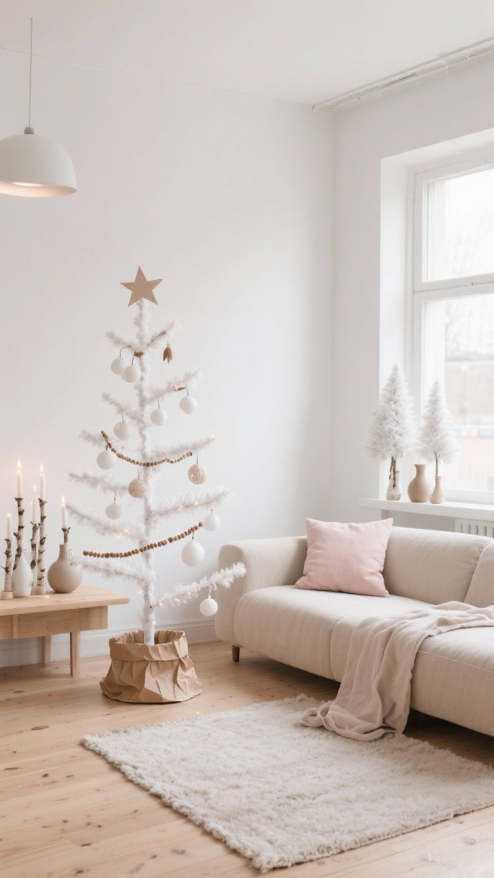 Medium, straight-on room view: A minimalist Scandinavian studio with white walls, pale oak floors, and an oatmeal linen sofa, centered on a slim pre-lit flocked tree styled sparingly. Ornaments are matte white with raw wood bead garlands and a few delicate paper stars. The base uses a crinkled kraft-paper tree collar. Lighting is warm-to-neutral white to match soft daylight tones through large windows. Nearby, a light wood console with a linen table runner and a cluster of white bottlebrush trees, plus birch candleholders, ceramic bud vases, and a simple wool rug. A whisper of dusty blush appears in a single throw pillow. Airy, serene, softly diffused daylight, photorealistic.