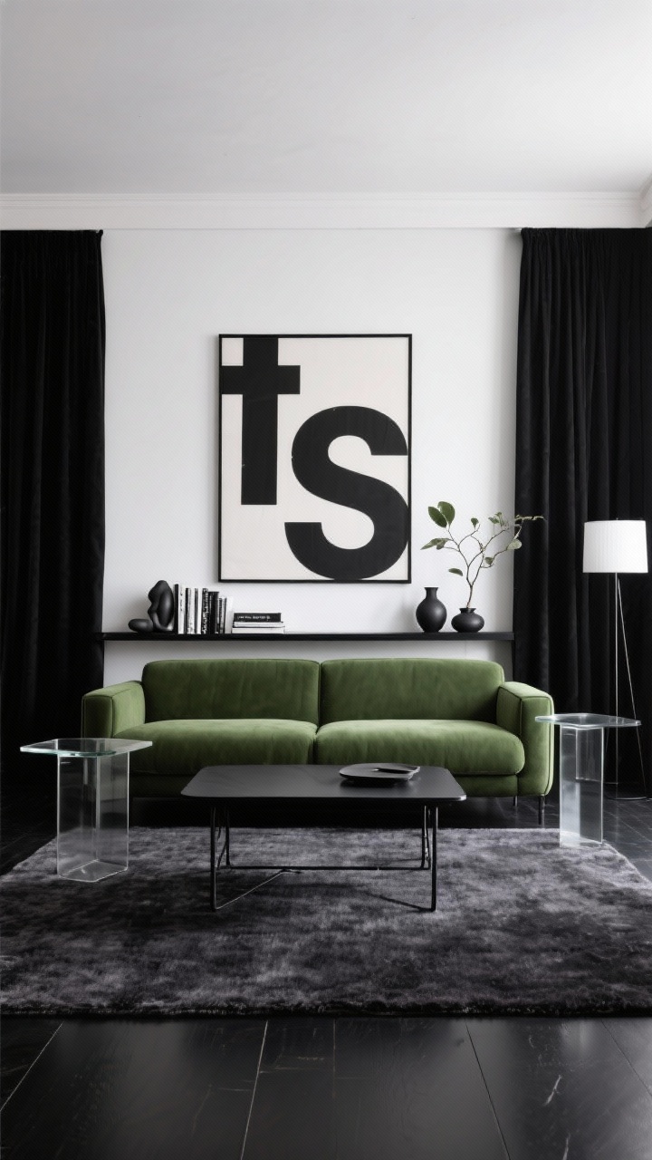 Medium straight-on shot: Olive-green sofa anchoring a monochrome modern living room with white walls and dark floors. Thin-profile black metal coffee table, charcoal wool rug beneath. Smoked glass side tables flank the sofa. A single matte black shelf holds black-and-white books, sculptural ceramics, and a single leafy branch. Oversized typographic or bold monochrome abstract art above. Black linen curtains frame the scene; a sleek floor lamp adds crisp illumination. Editorial, tailored mood.