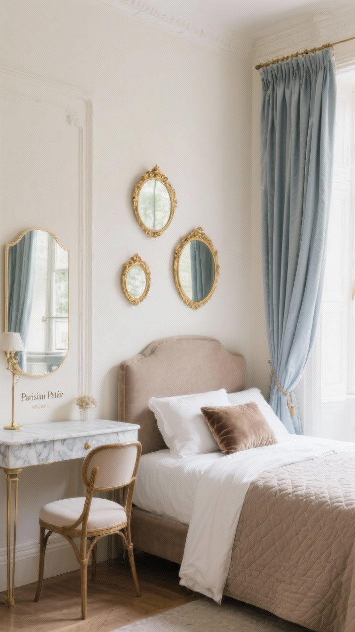 Medium straight-on view of a “Parisian Petite” corner: creamy walls with a petite upholstered bed in soft taupe dressed in crisp white bedding, a quilted coverlet, and a velvet bolster. A narrow marble-topped console doubles as vanity with a slim bistro-style chair tucked beneath. Three gilded mirrors of varying sizes arranged to bounce light. Pinch-pleat drapes mounted high to elongate the window. Palette: cream, taupe, antique gold, ivory, muted blue-gray. Soft daylight with a refined, romantic feel. Photorealistic.