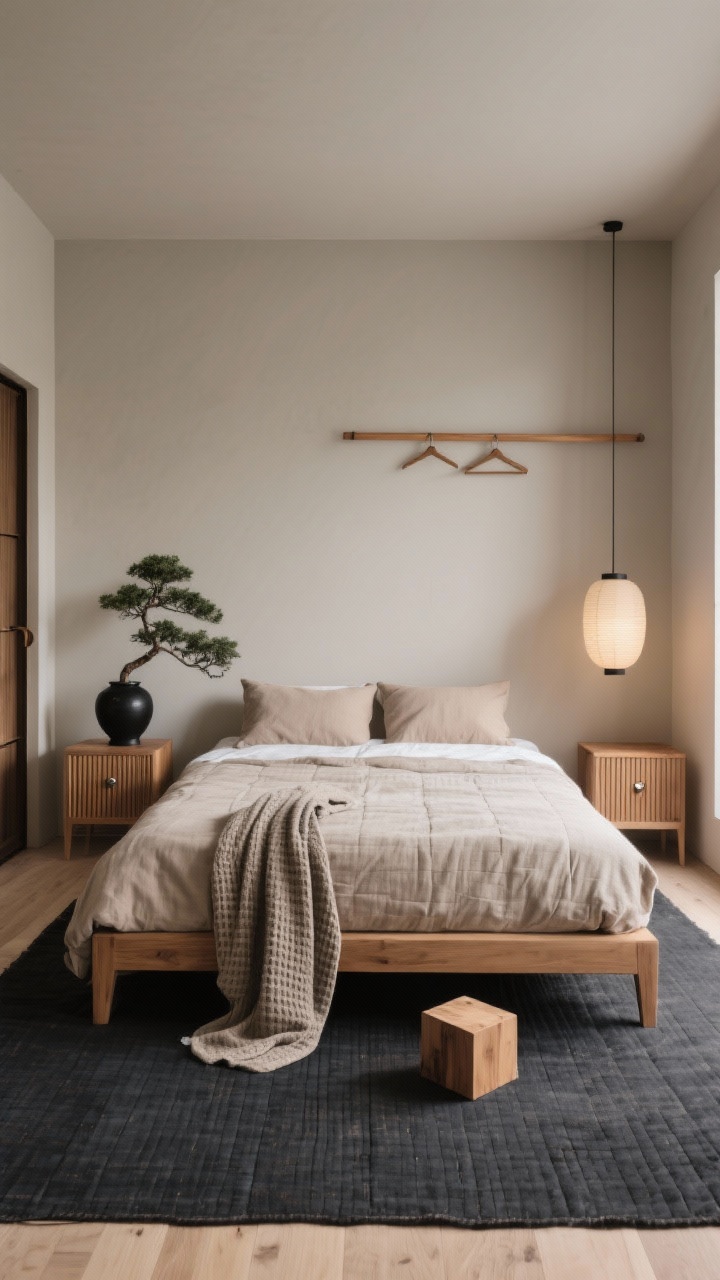 Medium symmetrical shot: Japandi retreat with greige walls and a low-profile ash bed, styled in a soft palette of mushroom, oat, charcoal, and warm wood. Fluted nightstands with subtle hardware flank the bed; paper lantern pendants cast a diffused glow. Flooring features a charcoal tatami-style rug. Bedding is stonewashed linen, double-layered with a thin quilt. Minimal storage includes a simple rail with a few wooden hangers; decor is a single bonsai or ikebana-style stem in a matte black vase. A folded waffle robe rests at the foot of the bed; a cedar block peeks from the closet. Calm, balanced, uncluttered atmosphere, photorealistic.