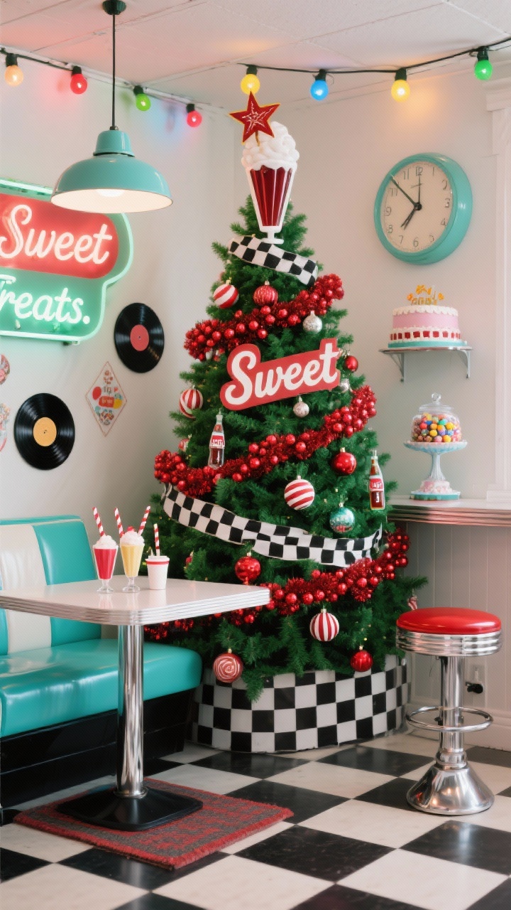 Medium-to-wide retro angle, Retro Soda Shop Spectacular: A classic green or white tree banded with black-and-white checkerboard ribbon and glossy red bead garlands. Ornaments: mini milkshake cups, vinyl record discs, soda bottle baubles, striped paper-straw picks, faux gumball clusters, and vintage-style signage ornaments reading “Sweet” and “Treats.” Topper: giant soda-float or retro starburst; checkerboard tree collar at the base. Surroundings: turquoise vinyl bench, chrome-legged café table, red bar stools, checkerboard floor mat, neon clock, enamel cake stands with candy jars. Retro pendant lights and multicolor C9 bulbs for a classic holiday glow. Photorealistic, straight-on view with punchy 1950s color palette and chrome highlights.