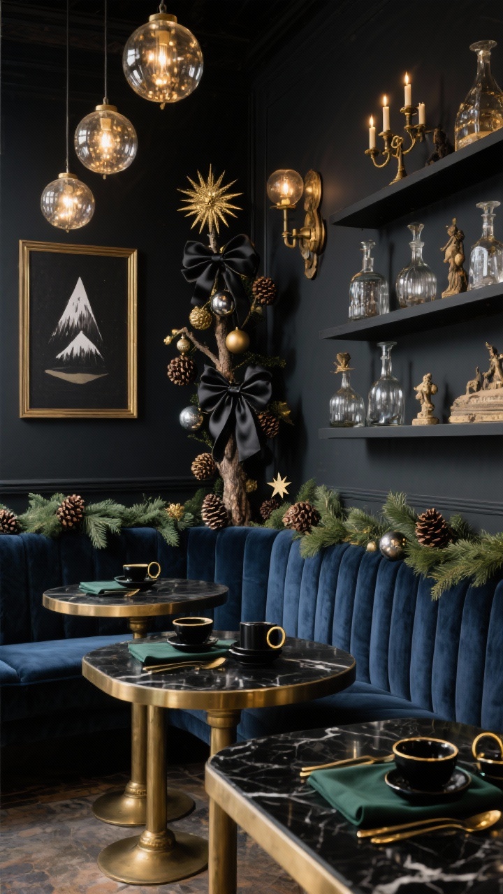 Medium-to-wide shot, Moody Alpine Lodge Glam: A dramatic cafe nook with a deep charcoal feature wall, black-framed art, and velvet banquettes in midnight blue. Black marble bistro tables with warm brass bases. Evergreen garlands with oversized pinecones, black satin ribbon, and antique gold ornaments sweep along a shelf. A statement tree adorned with smoked glass baubles, black-and-gold ribbon, and starburst picks. On shelves: vintage decanters, mercury glass, and alpine figurines. Tabletop set with black stoneware, gold flatware, and dark green linen napkins with brass rings. Lighting sparkles with globe pendants, patina sconces, and candelabra-style LEDs. Moody, rich atmosphere, three-quarter corner perspective, photorealistic.