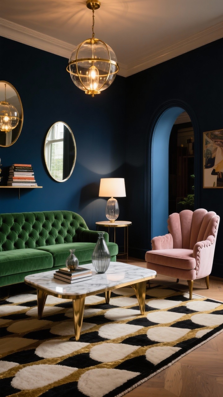 Medium-wide Art Deco lounge: tufted emerald green sofa set against a moody ink-blue wall. Marble-topped coffee table with brushed brass legs, a scalloped velvet accent chair in dusty blush. A brass globe chandelier overhead and glass table lamps with soft white bulbs on side tables. Bold geometric rug in cream, black, and gold grounds the seating. Curved mirrors on the wall, stacked art books and smoked glass vases on the coffee table. Evening, warm glowing light, Deco curves and arches, shot from a corner angle for depth, photorealistic.