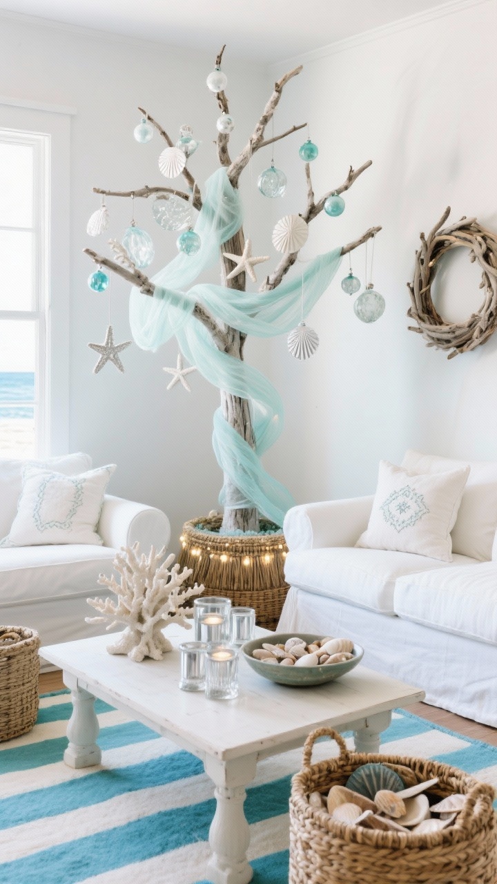 Medium-wide, coastal corner angle: A bright seaside living room with white slipcovered sofas, woven baskets, and driftwood accents showcasing a flocked pencil tree. Palette is sea-glass blue, soft teal, and pearly white. The tree is wrapped in a gauzy sheer ribbon that flows like waves and decorated with capiz shell ornaments, frosted glass baubles, and silver starfish tucked between branches. The base uses a woven seagrass collar. Cool white LEDs create a crisp seaside shimmer. Coffee table styling includes a coral sculpture, mercury glass votives, and a bowl of collected shells atop a blue-and-ivory striped rug. Linen pillows with subtle embroidery and a driftwood wreath on the wall. Bright, cool, coastal light, photorealistic.
