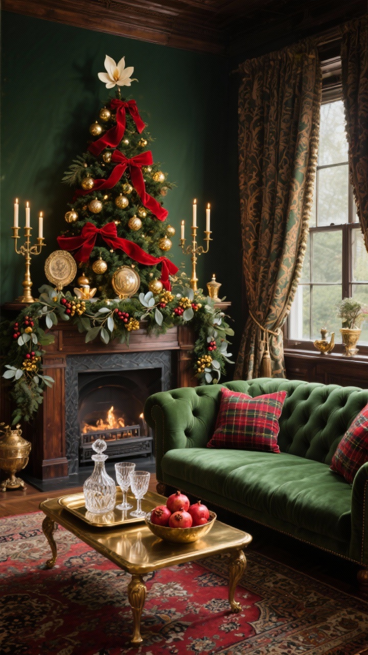 Medium-wide corner angle: A classic heritage living room rich with deep greens, ruby red, antique brass, and dark wood tones. A full traditional tree layered with red velvet ribbons, gold glass ornaments, heirloom pieces, and clip-on candle lights for old-world sparkle. A mantel dressed in a luxurious garland with magnolia leaves, eucalyptus, and gold berry picks, flanked by tall brass candlesticks. A tufted Chesterfield sofa in forest green with plaid and velvet pillows faces a brass coffee table tray set with crystal coupe glasses, a cut-glass decanter, and a bowl of pomegranates. Heavy drapes in subtle damask frame the window; a Persian-style rug grounds the scene. Warm, nostalgic glow, photorealistic.