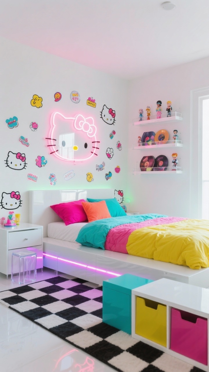 Medium-wide corner angle — Neon Kawaii Pop Bedroom: A crisp white-walled, glossy-white-furniture bedroom with a bold Hello Kitty sticker collage feature wall, a low modern platform bed and lacquer nightstands, a graphic pop-art Hello Kitty duvet with mixed solid neon pillows (hot pink, neon coral, turquoise, lemon yellow), a glowing Hello Kitty neon sign mounted above the bed, LED color-changing strips under the bed and floating shelves, an acrylic shelving display with vinyl figurines, a checkerboard rug on the floor, a cube storage unit with color-block bins, and an acrylic side table; high-gloss and acrylic textures; playful, modern, Instagram-ready lighting.