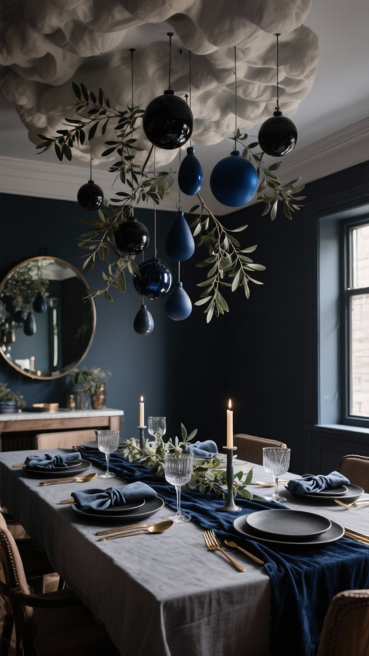Medium-wide dining table view, photorealistic: A moody dining room with a sculptural ceiling installation—a cloud of hanging black and ink-blue ornaments in mixed matte and glossy finishes, suspended at different heights with sprigs of eucalyptus and olive branches woven throughout. Table set with ink blue, charcoal, and soft champagne tones: black stoneware plates, linen napkins tied with satin ribbon, a deep ink velvet runner, brushed brass flatware, delicate coupe glasses, and smoke-colored glass taper candles. Low, cinematic lighting with soft reflections in a statement mirror, dramatic and polished ambiance, side-angle perspective.